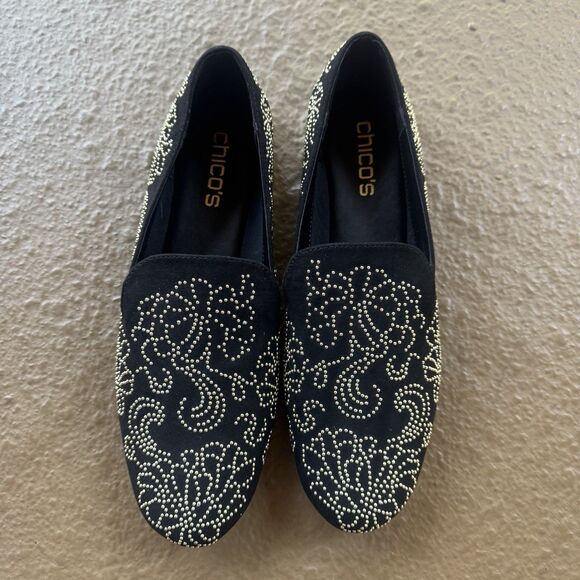New Chico's Embellished Loafers Black Gold Color Metal Studs Loafer Size 9 - Picture 10 of 12